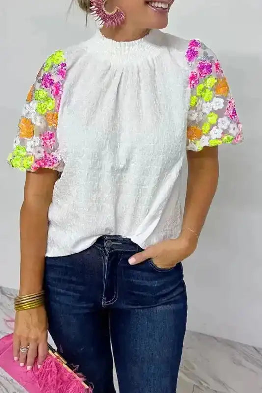 Sequin Flower Puff Sleeve Top - Fashionfitz