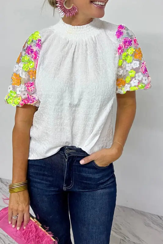 Sequin flower puff sleeve top - white / s / 100% polyester - tops/tops & tees