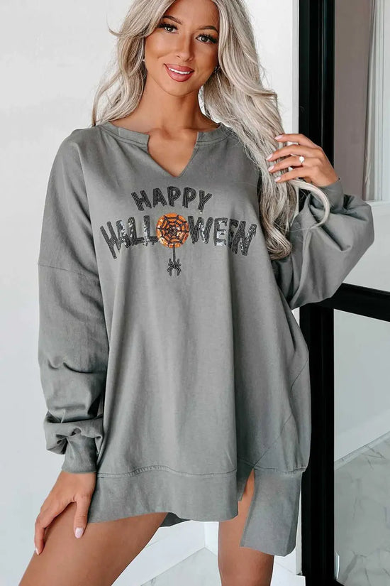 Front view of grey Sequin Halloween Top with sparkling Halloween text and relaxed silhouette, styled for casual fall fashion.