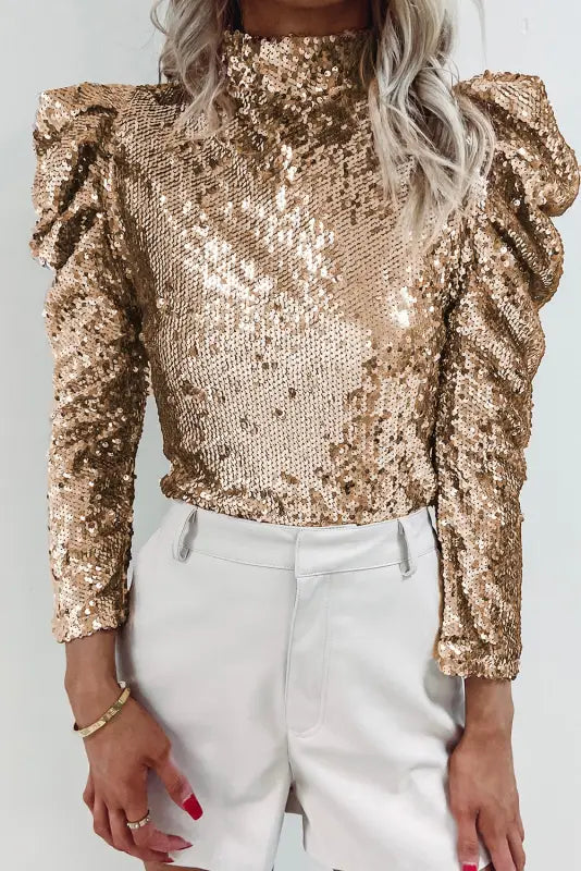 Sequin mock neck bubble sleeve top - evening tops