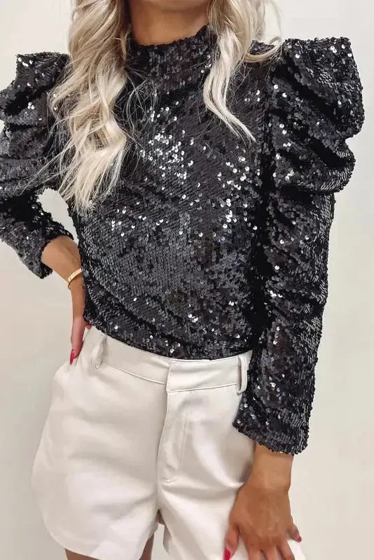 Sequin Mock Neck Bubble Sleeve Top - Fashionfitz