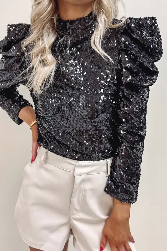 Sequin mock neck bubble sleeve top - evening tops