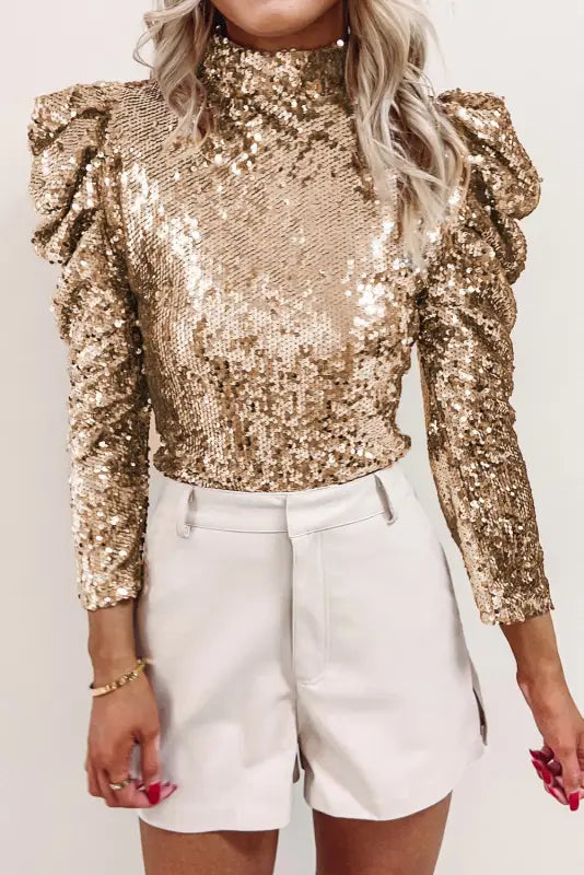 Sequin mock neck bubble sleeve top - evening tops