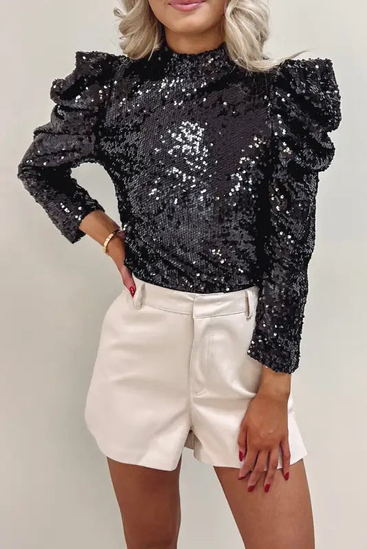 Sequin mock neck bubble sleeve top - evening tops