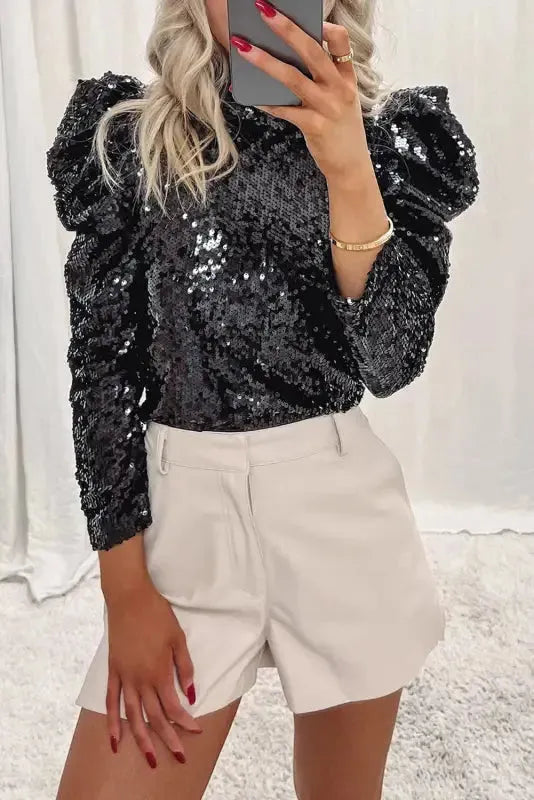 Sequin Mock Neck Bubble Sleeve Top - Fashionfitz