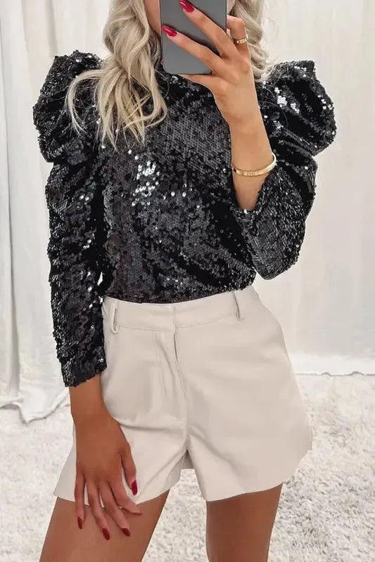 Sequin Mock Neck Bubble Sleeve Top - Fashionfitz