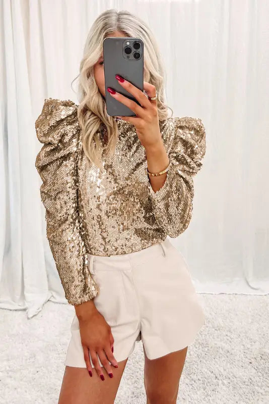 Sequin mock neck bubble sleeve top - evening tops