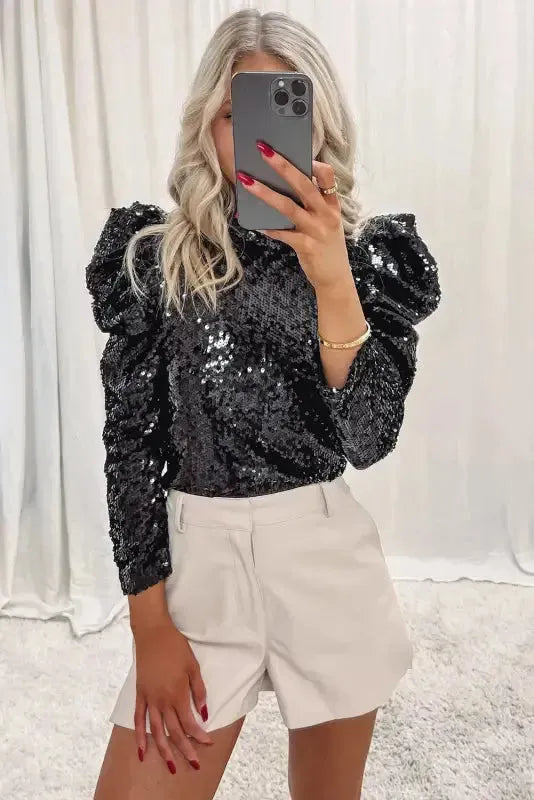 Sequin Mock Neck Bubble Sleeve Top - Fashionfitz