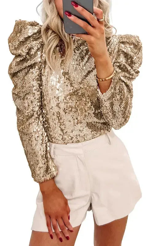 Sequin Mock Neck Bubble Sleeve Top - Fashionfitz