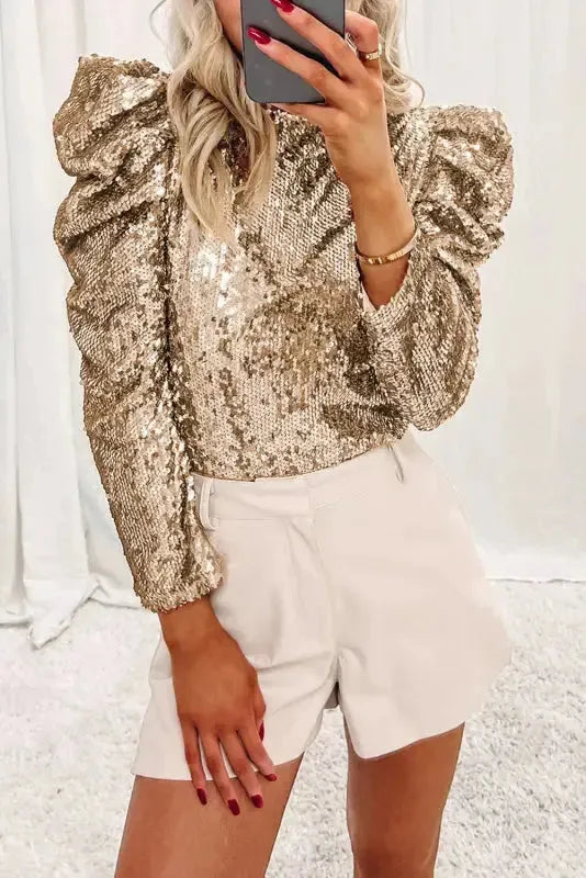 Sequin Mock Neck Bubble Sleeve Top - Fashionfitz