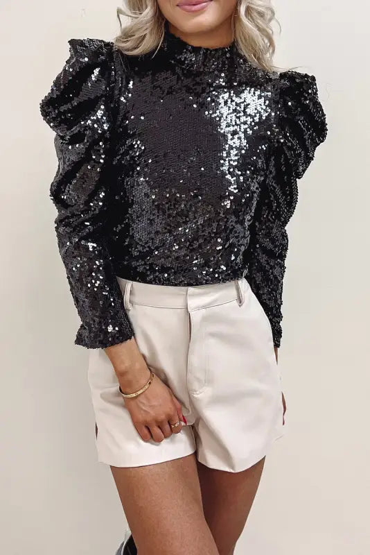 Sequin mock neck bubble sleeve top - evening tops