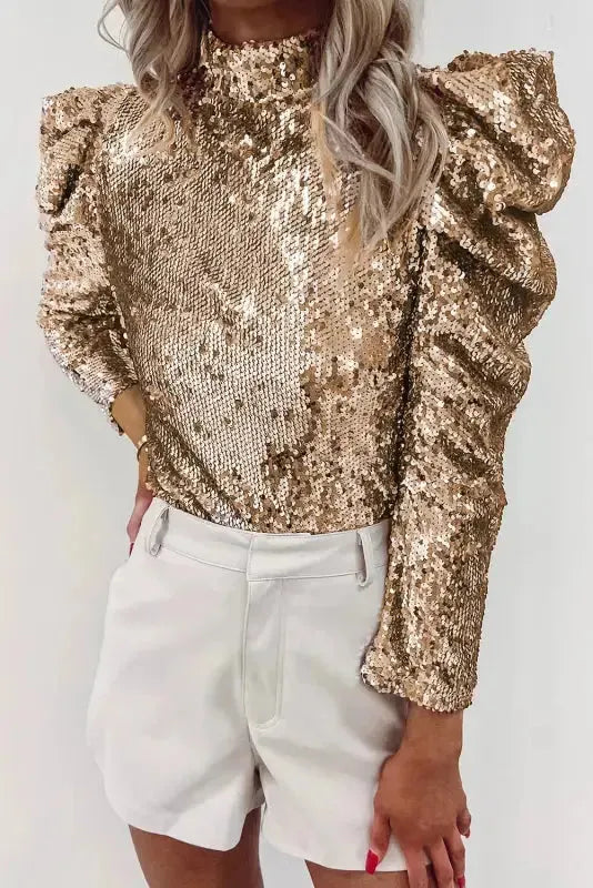 Sequin Mock Neck Bubble Sleeve Top - Fashionfitz