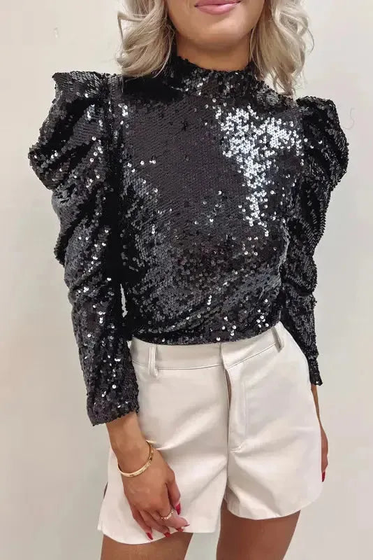 Sequin Mock Neck Bubble Sleeve Top - Fashionfitz