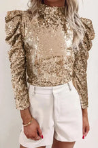 Sequin Mock Neck Bubble Sleeve Top - Fashionfitz