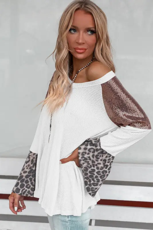 Sequin patchwork bell sleeve tunic top - tops