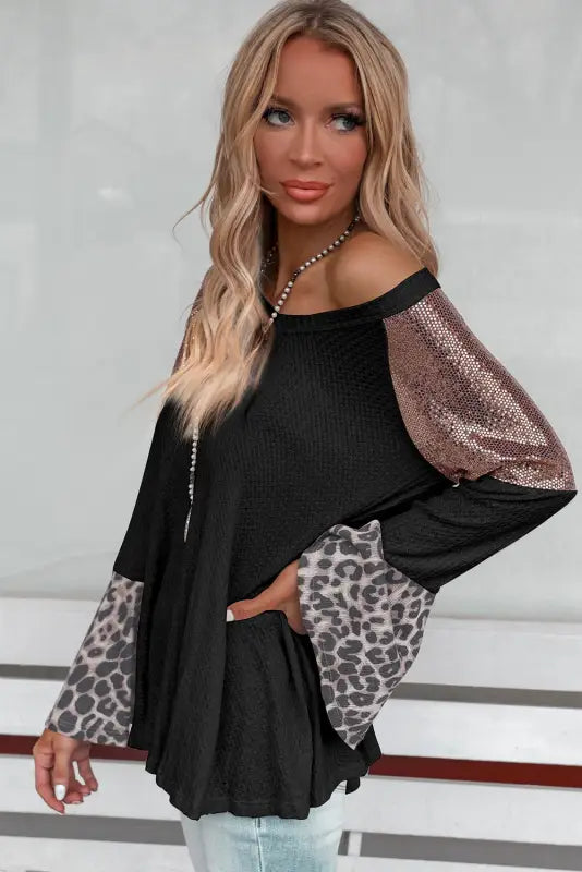 Sequin patchwork bell sleeve tunic top - tops