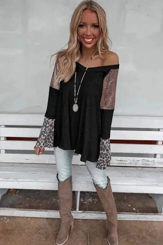 Sequin Patchwork Bell Sleeve Tunic Top - Fashionfitz