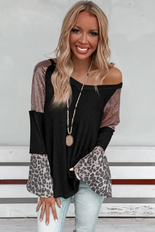 Sequin patchwork bell sleeve tunic top - tops