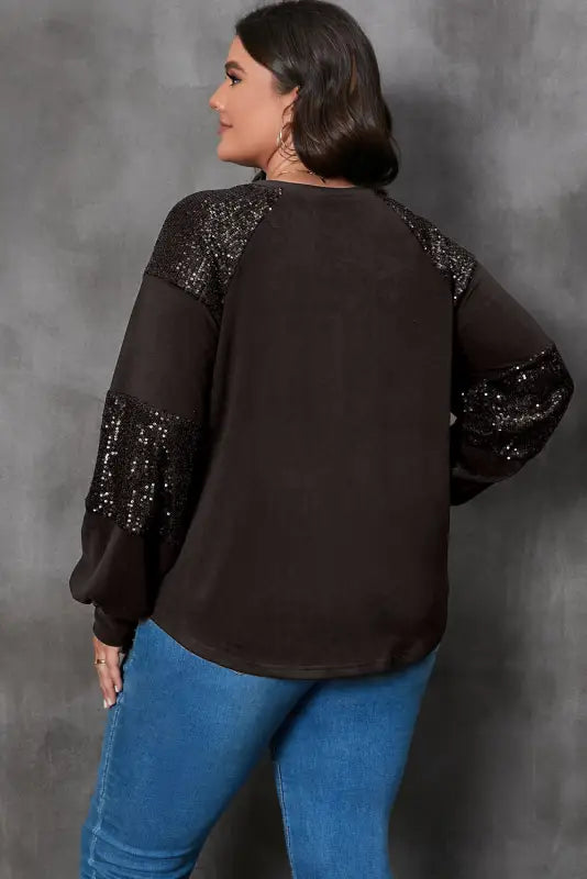 Black plus size sequin patchwork crew neck long sleeve top