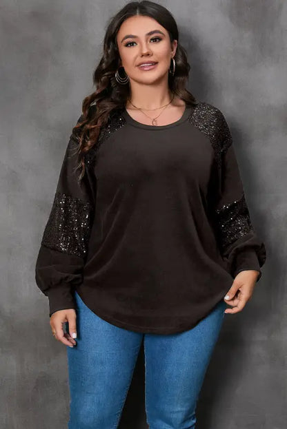 Black plus size sequin patchwork crew neck long sleeve top - 1x / knit