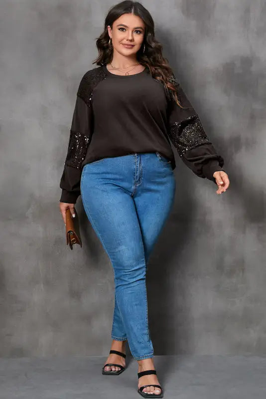 Black plus size sequin patchwork crew neck long sleeve top