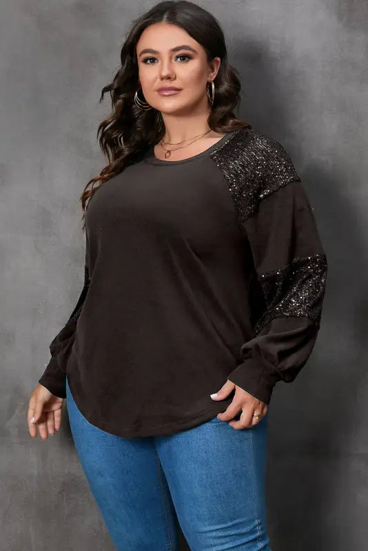 Black plus size sequin patchwork crew neck long sleeve top