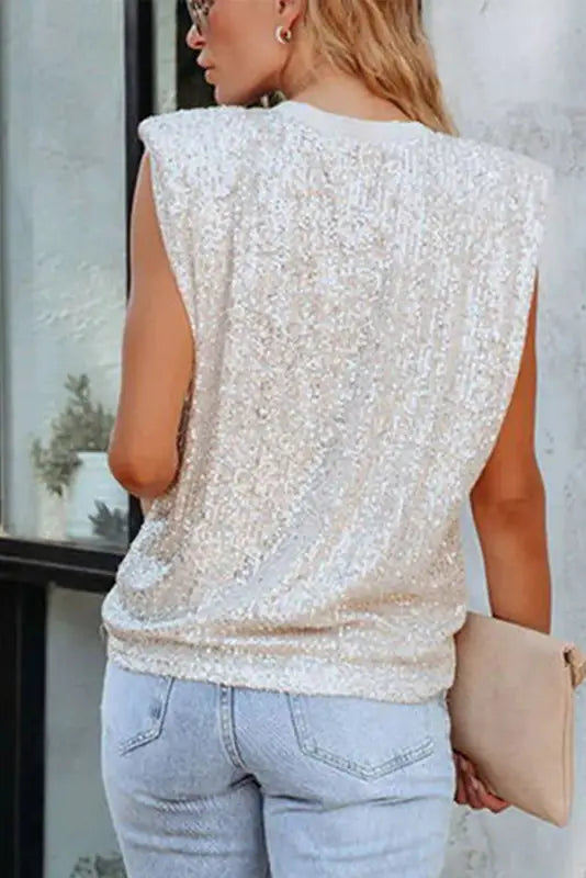 Sequin round neck tank top - tops