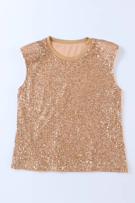 Sequin round neck tank top - tops