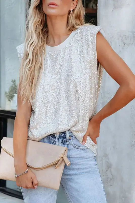 Sequin round neck tank top - tops