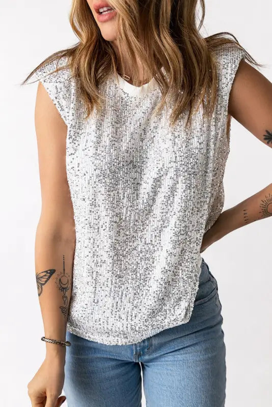 Sequin round neck tank top - tops