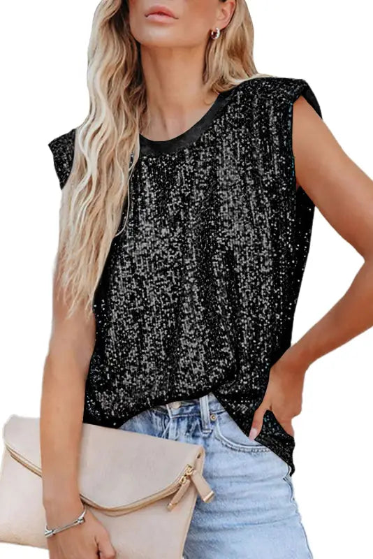 Sequin round neck tank top - tops