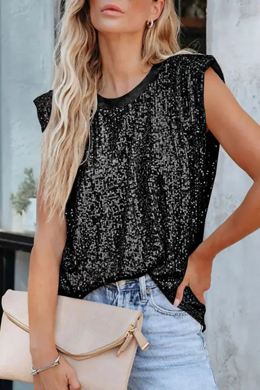 Sequin round neck tank top - black / s / 95% polyester + 5% elastane - tops