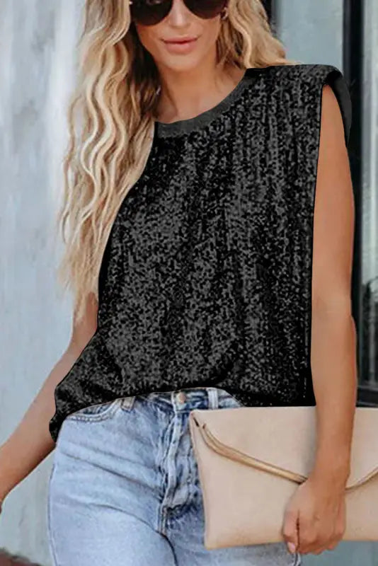 Sequin round neck tank top - tops