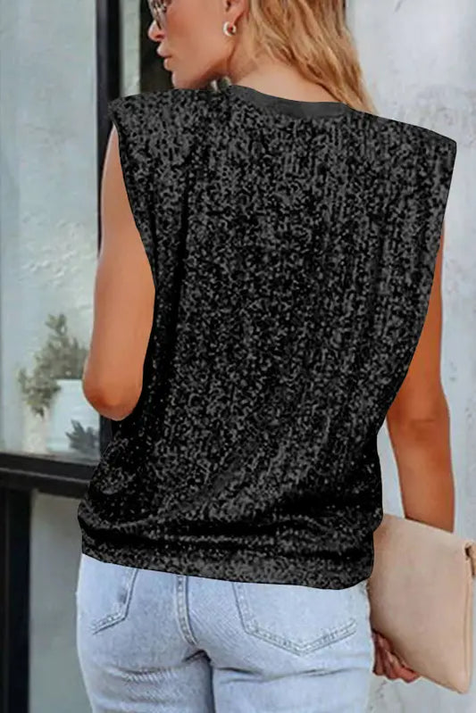 Sequin round neck tank top - tops