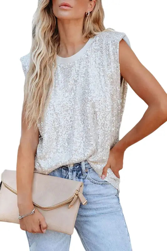 Sequin round neck tank top - tops