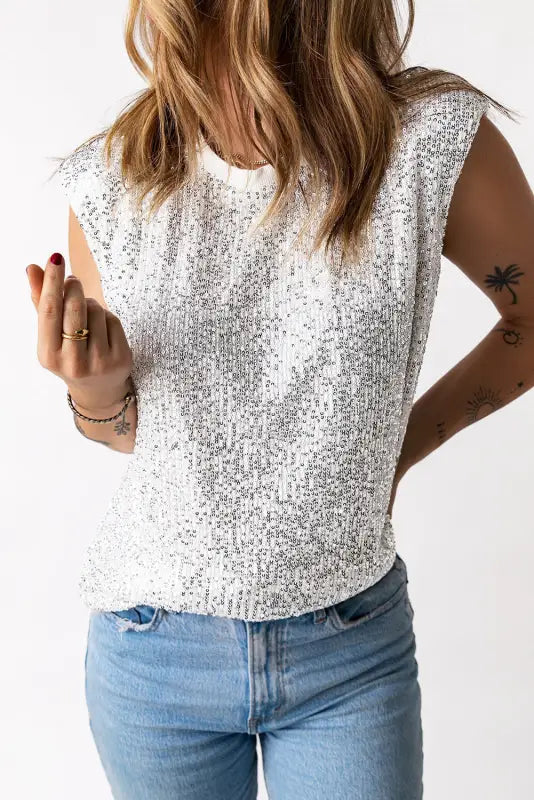 Sequin round neck tank top - tops