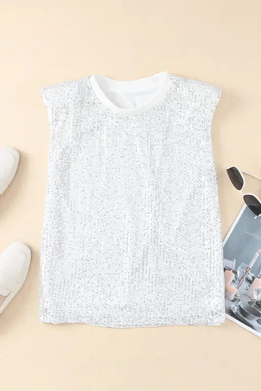 Sequin round neck tank top - tops