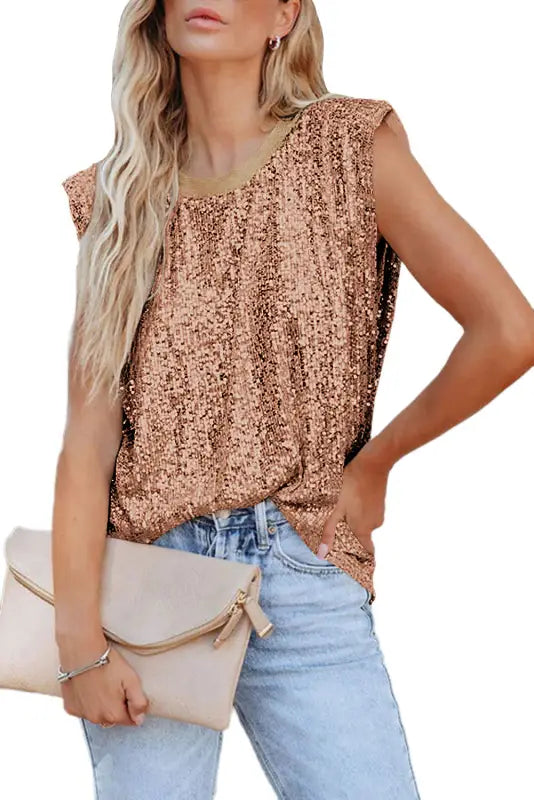 Sequin round neck tank top - tops