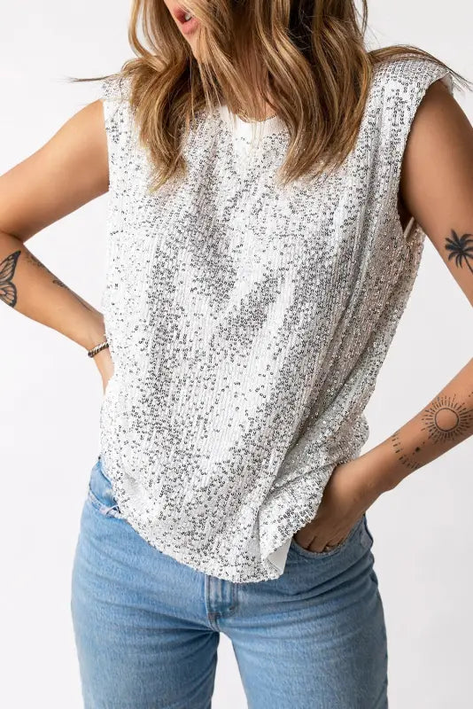 Sequin round neck tank top - tops