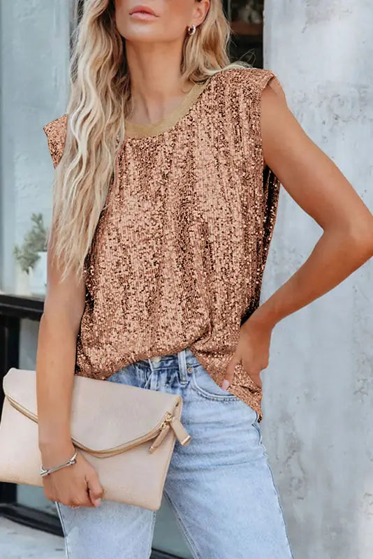 Sequin round neck tank top - tops