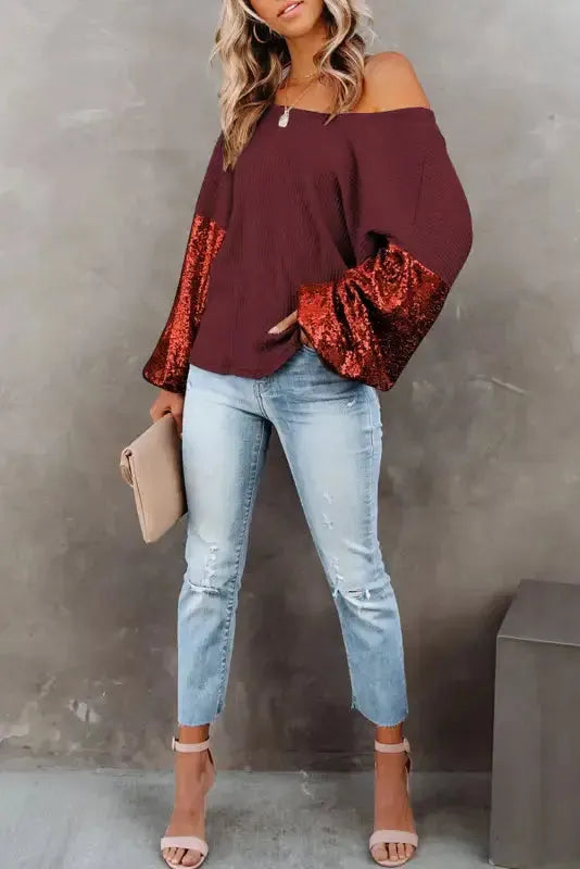 Sequin Sleeve Open Back Waffle Knit Top - Fashionfitz