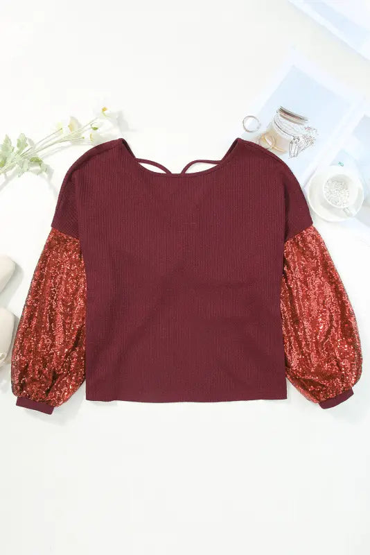 Sequin sleeve open back waffle knit top - tops