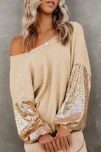 Sequin Sleeve Open Back Waffle Knit Top - Fashionfitz