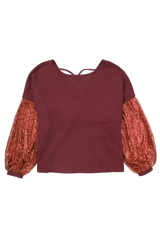 Sequin Sleeve Open Back Waffle Knit Top - Fashionfitz