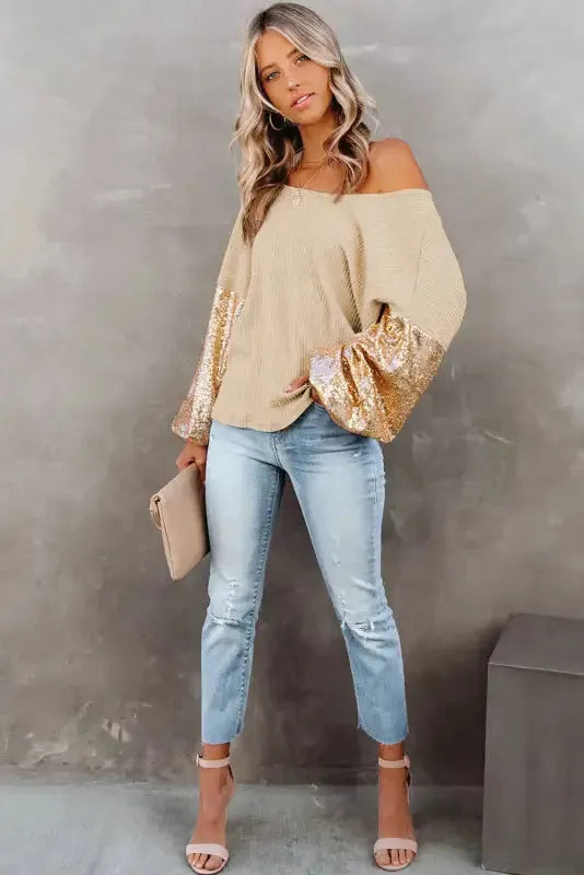 Sequin Sleeve Open Back Waffle Knit Top - Fashionfitz