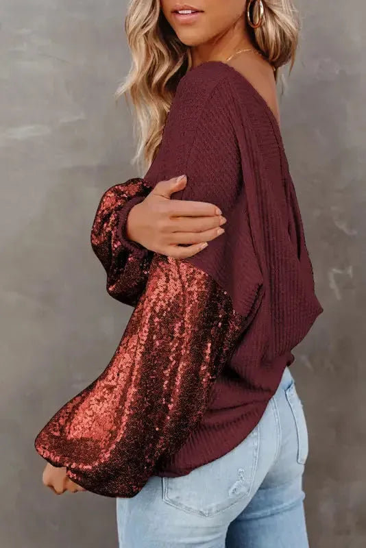 Sequin Sleeve Open Back Waffle Knit Top - Fashionfitz