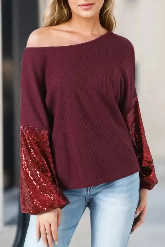 Sequin Sleeve Open Back Waffle Knit Top - Fashionfitz