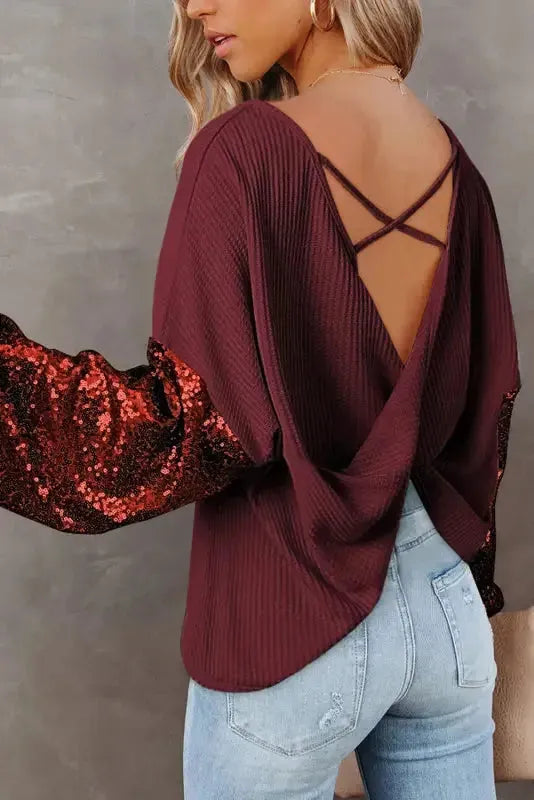 Sequin Sleeve Open Back Waffle Knit Top - Fashionfitz