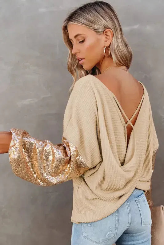 Sequin Sleeve Open Back Waffle Knit Top - Fashionfitz
