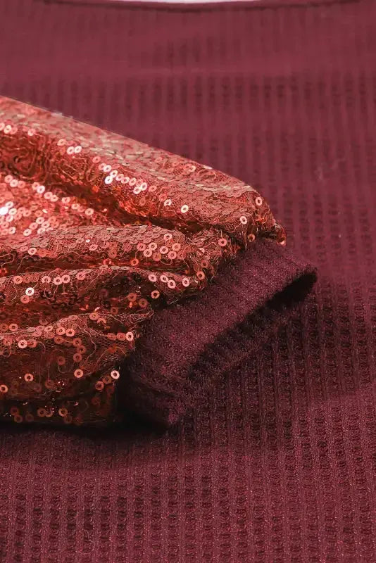 Sequin Sleeve Open Back Waffle Knit Top - Fashionfitz